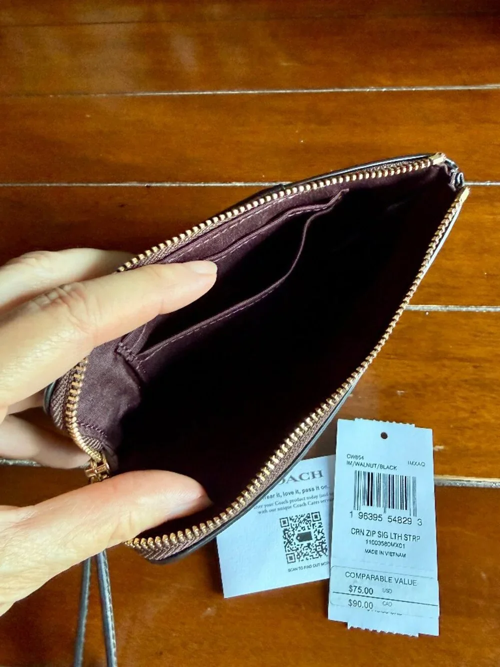 NEW Coach Dark Brown Corner Zip Wristlet with Gold Logo
